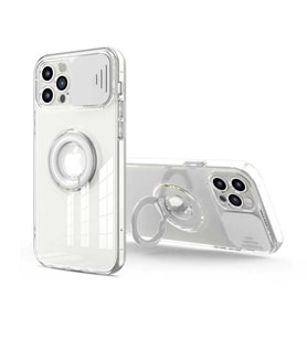 Ally iPhone 13 Pro Max 6.7inç Kılıf Sürgülü Kamera Lens Korumalı Yüzük Standlı Silikon Kılıf-(5775) — Renk: Beyaz