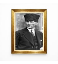 Tablore Atatürk Tablo Kalpaklı Siyah Beyaz Fotoğraf Klasik Altın Çerçeveli Dekoratif Tablo