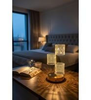 3 Parça Silindirik Kristal Ekose Kareli LED Masa Lambası – Gold Gövdeli, Dokunmatik, 3 Kadem