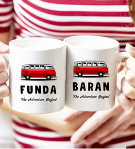Kişiye Özel Vosvos Minibüs Tasarımlı İkili Beyaz Kupa Bardak