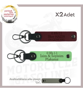 Motorcu Yolculara, İsim Plaka ve 0 - Kan Grubu Yazılı Güvenli Sürüş Anahtarlık x2, F Yeşil-Bordo-Gr (Çok Renkli)