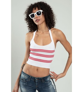 Sifu Tekstil Kadın Spor Kendinden Askılı Çizgili Fitil Örgülü Triko Badi Büstiyer Crop Top SFYZ1015 (Kırmızı-Beyaz)