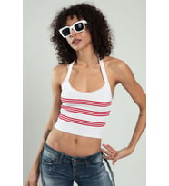 Sifu Tekstil Kadın Spor Kendinden Askılı Çizgili Fitil Örgülü Triko Badi Büstiyer Crop Top SFYZ1015 (Kırmızı-Beyaz)