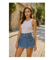 Kadın Yüksek Bel Kemerli Jean Şort Etek