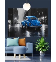 Mavi Klasik Araba Yağmur Sokak Dekoratif Kanvas - Mdf Ahşap Tablo