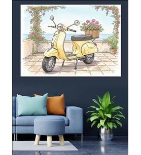 Sarı Klasik Scooter Romantik Manzara Dekoratif Kanvas - Mdf Ahşap Tablo