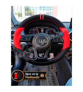 Audi Q2 Dikme Direksiyon Kılıfı Parlak Siyah Kırmızı Detaylı Kırmızı Çift Yüzük ve Dikiş 2016-2020