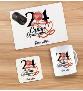 BK Gift Kişiye Özel İsimli Öğretmenler Günü Tasarımlı Kupa, Bardak Altlığı ve Mousepad Hediye Seti - 13, Öğretmene Hediye, Öğretmenler Günü