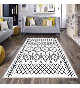 Geometrik Etnik Karo Desenli Siyah Beyaz Dijital Baskı Yıkanabilir Kaymaz Taban Modern Salon Halısı (Siyah-Ekru)