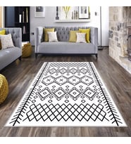 Geometrik Etnik Karo Desenli Siyah Beyaz Dijital Baskı Yıkanabilir Kaymaz Taban Modern Salon Halısı (Siyah-Ekru)
