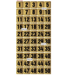 Kapı, Masa, Dolap Numarası Metal 1-50 Arası Sıralı 5x5 Cm Arkası Yapışkanlı Gold Renk 004