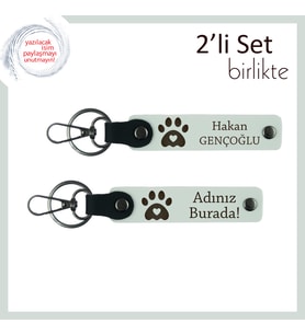 Hayvansever Çiftlere Uygun Armağan, Kalpli Pati Temalı Anahtarlık Set, İsim Yazılabilir, Beyaz-Beyaz