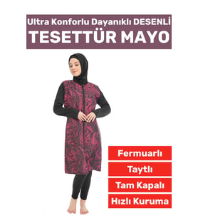 Premium Yüksek Kalite Konforlu Fermuarlı Tam Kapalı Yüzücü Deniz Havuz Taytlı Desenli TESETTÜR MAYO (Fuşya)