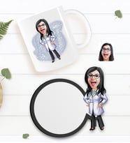 BK Gift Kişiye Özel Kadın Doktor Karikatürlü Beyaz Kupa ve Ahşap Bardak Altlığı Hediye Seti-1