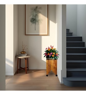 Dekoratif Ahşap Saksılık Çiçeklik Ahşap Saksı Altlığı 30x30x45 cm Tekerlekli Saksı Sehpası