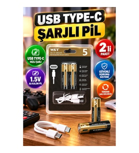 USB Type-C Şarjlı AA Kalem Pil – 1.5V Lityum Hızlı Şarj 2’li Paket