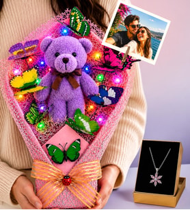 Fotoğraflı Renkli LED Işıklı Mor Ayıcık Buketi ve Pembe Ametist Taşlı Lotus Kolye
