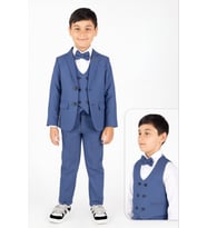 Erkek Çocuk Mavi Yelekli Takım Elbise 5’li Set – Ceket, Yelek, Pantolon, Gömlek ve Papyon – Özel Gün Şıklığı