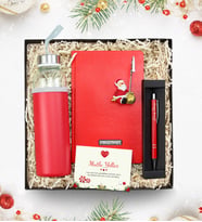 Kişiye Özel Kırmızı Defter & Noel Baba Masa Üstü Not Tutucu & Özel Deri Kılıflı 500 ML Kırmızı Su Matarası & Gümüş Renk Detaylı Kırmızı Tükenmez Kalem Yeni Yıl Hediye Seti