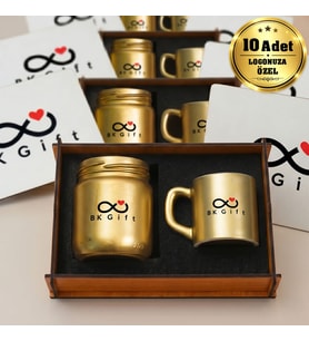 Logonuza Özel 10 Adet Kutulu Gold Renk Mum ve Kahve Fincanı Seti – Ahşap Kutulu Kurumsal Hediye Seti