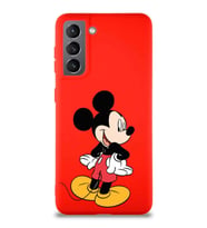 Samsung Galaxy S21 Soft Premier Kapak Mickey Mouse-D Tasarımlı Silikon Kılıf - Kırmızı (Şeffaf)