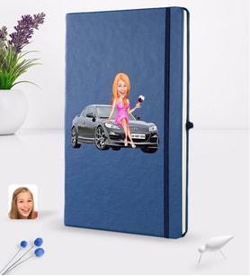 BK Gift Kişiye Özel Plakalı Kadın Mazda RX-8 Karikatürlü Lacivert Termo Deri Defter 16x24cm Model 1