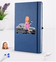 BK Gift Kişiye Özel Plakalı Kadın Mazda RX-8 Karikatürlü Lacivert Termo Deri Defter 16x24cm Model 1
