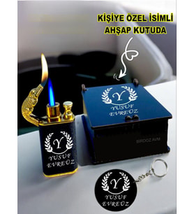 Kişiye Özel Isimli Harf Timsah Başlıklı Çift Ateşli Çakmak Ve Anahtarlık Özel Ahşap Kutusunda