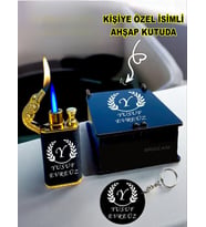 Kişiye Özel Isimli Harf Timsah Başlıklı Çift Ateşli Çakmak Ve Anahtarlık Özel Ahşap Kutusunda