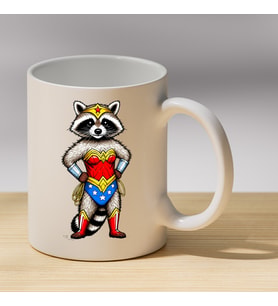 Wonder Woman Kostümlü Rakun Baskılı Porselen Kupa - Süper Kahraman Hayvan Hediyelik Kupa