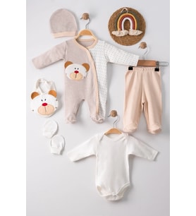 Mulvxbby Bby02 Ayıcık Nakışlı Tulumlu % 100 Pamuk Erkek Bebek 5'Li Set (Mulvix)