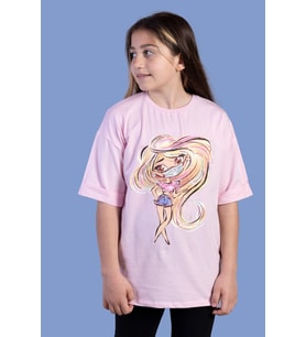 Toontoy Kız Çocuk Baskılı Düşük Kol Tişört (Açık Pembe)