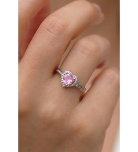 Zirkon Taşlı Ayarlanabilir Kalp Kadın Yüzük (Gümüş - Pembe)