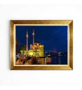 Tablore Ortaköy Camii Ve İstanbul Boğaz Köprüsü Gece Manzaralı Altın Çerçeveli Salon Duvar Tablosu