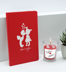 BK Gift Sevgililere Özel İsimli Kırmızı Defter ve Cam Bardakta Kalp Figürlü Kokulu Mum Hediye Seti-13, Sevgiliye Hediye, Sevgililer Günü