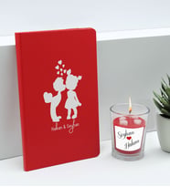 BK Gift Sevgililere Özel İsimli Kırmızı Defter ve Cam Bardakta Kalp Figürlü Kokulu Mum Hediye Seti-13, Sevgiliye Hediye, Sevgililer Günü