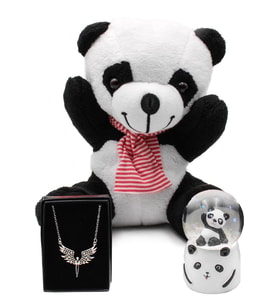 Tatlı Peluş Panda & Işıklı Mini Panda Kar Küresi & Mikail Melek Kolye Hediye Seti (Beyaz)