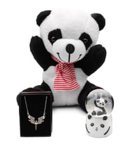 Tatlı Peluş Panda & Işıklı Mini Panda Kar Küresi & Mikail Melek Kolye Hediye Seti (Beyaz)