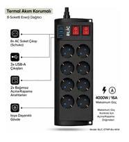 Termal Akım Korumalı Çoklu Priz Blic FTR-08 4000W 8AC-3X Usb Işıklı Power