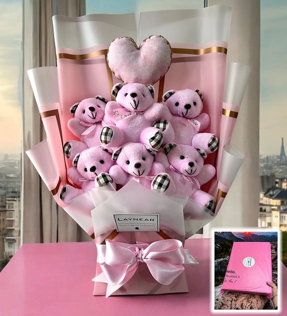 Premium Yumoş Pembe Peluş Ayıcık Buketi Kalp Yastıklı