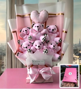 Premium Yumoş Pembe Peluş Ayıcık Buketi Kalp Yastıklı
