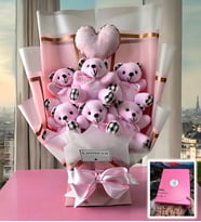 Premium Yumoş Pembe Peluş Ayıcık Buketi Kalp Yastıklı