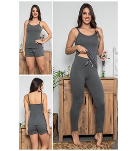 Kadın Antrasit Renkli Şortlu Ve Taytlı Pijama Takımı 3lü Set 75010