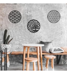 YAŞAM ÇİÇEĞİ HAYAT AGACI YILDIZ TABLO 3 LÜ SET AHŞAP DUVAR DEKORU MDF TABLO (Siyah)