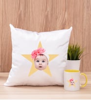 Kişiye Özel Pembe Yıldız Kafa Fotoğraflı Kare Yastık ve Sarı Kupa