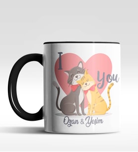 Kişiye Özel I Love You KedilerTasarımlı Siyah Renk Kupa