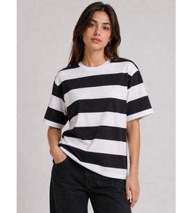 Zebra Kadın Çizgili Oversize Tişört Bisiklet Yaka Kısa Kol Yazlık T-Shirt - Siyah