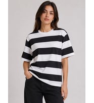 Zebra Kadın Çizgili Oversize Tişört Bisiklet Yaka Kısa Kol Yazlık T-Shirt - Siyah