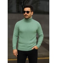 Erkek Tam Boğazlı Balıkçı Yaka Triko Kazak Kalın Fitilli - Mint Yeşili