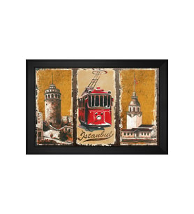 Galata Kulesi Tramvay Kız Kulesi Motifli Kanvas Tablo 80 x 110 cm Siyah Çerçeve